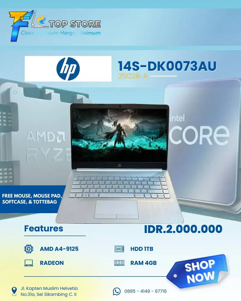 HP 14S-DK0073AU | AMD A4-9125 RADEON | HDD 1TB RAM 4GB