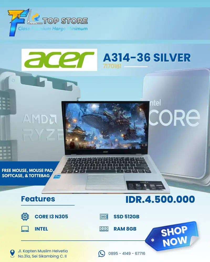 ACER A314-36 SILVER | CORE I3 N305 INTEL | SSD 512GB RAM 8GB