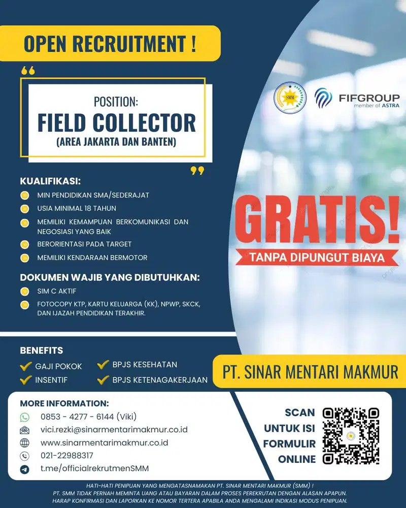 LOWONGAN KOLEKTOR LAPANGAN PT. SINAR MENTARI MAKMUR (SMM)