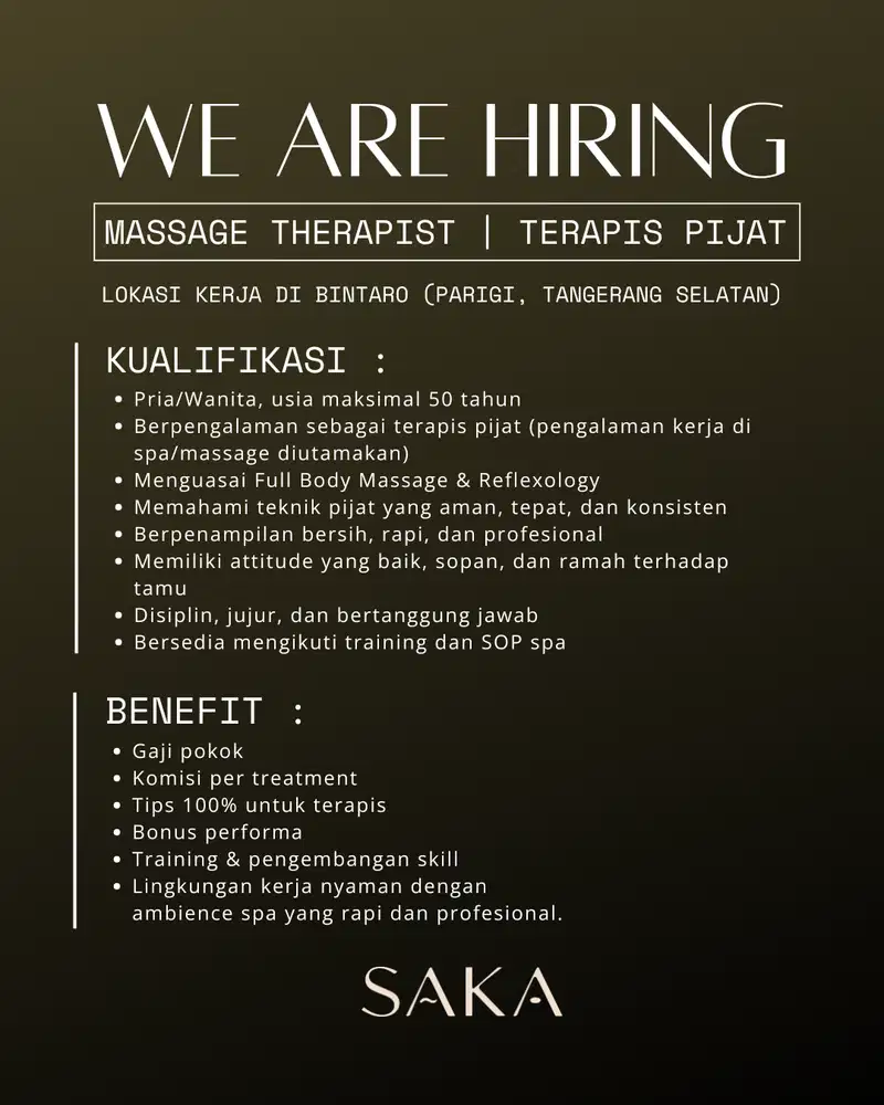 Dicari Massage Therapist / Terapis Pijat untuk daerah Bintaro (Parigi)