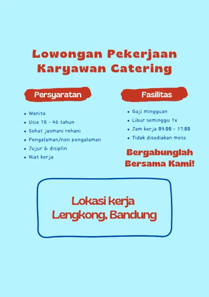 Lowongan Kerja (Wanita) Karyawan Catering Di Bandung