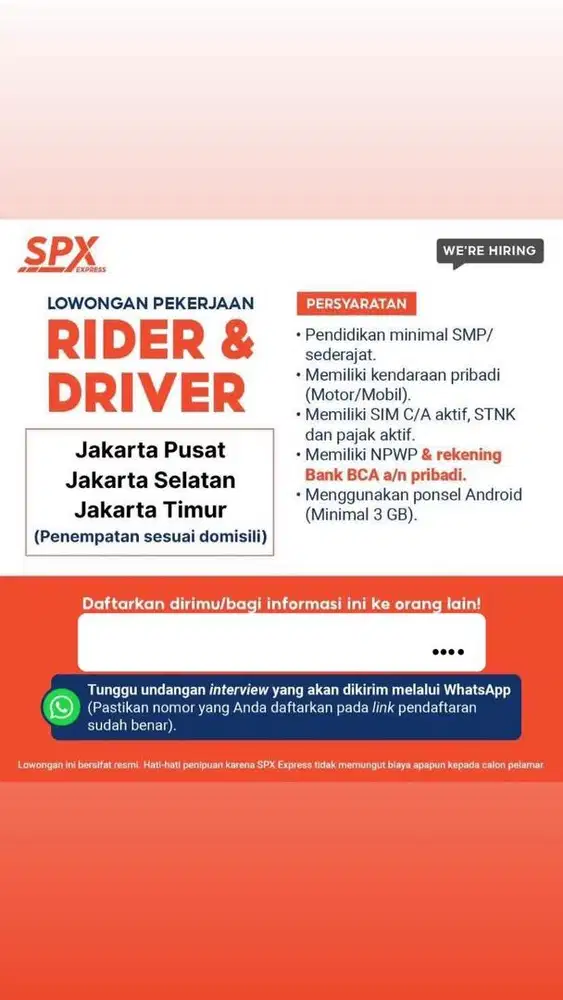 LOWONGN KERJA SPX EXRESS KURIR MOTOR DAN KURIR MOBIL AREA JAKARTA