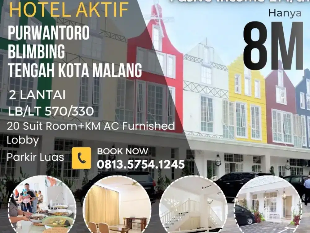 Hotel aktif dijual purwantoro tengah kota malang modern suite 8M income 2M/th