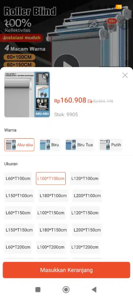 Roller Blind Blackout ukuran 100 x 100