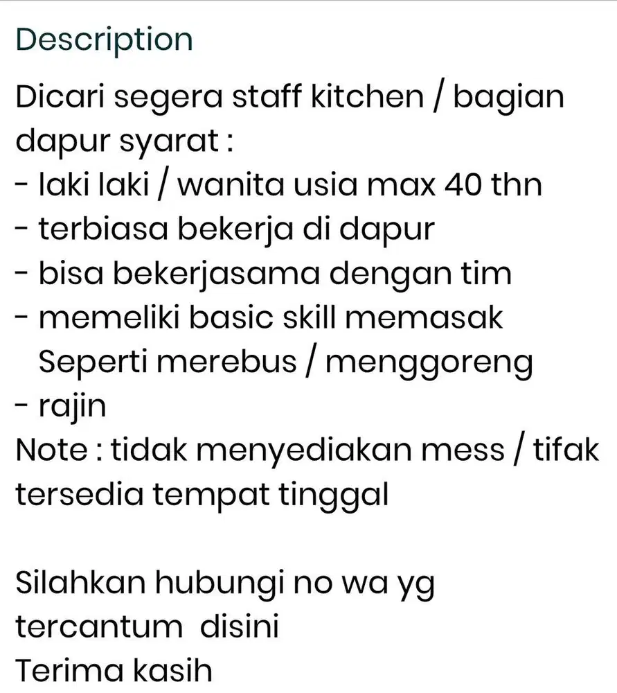 Dicari staff kitchen / dapur