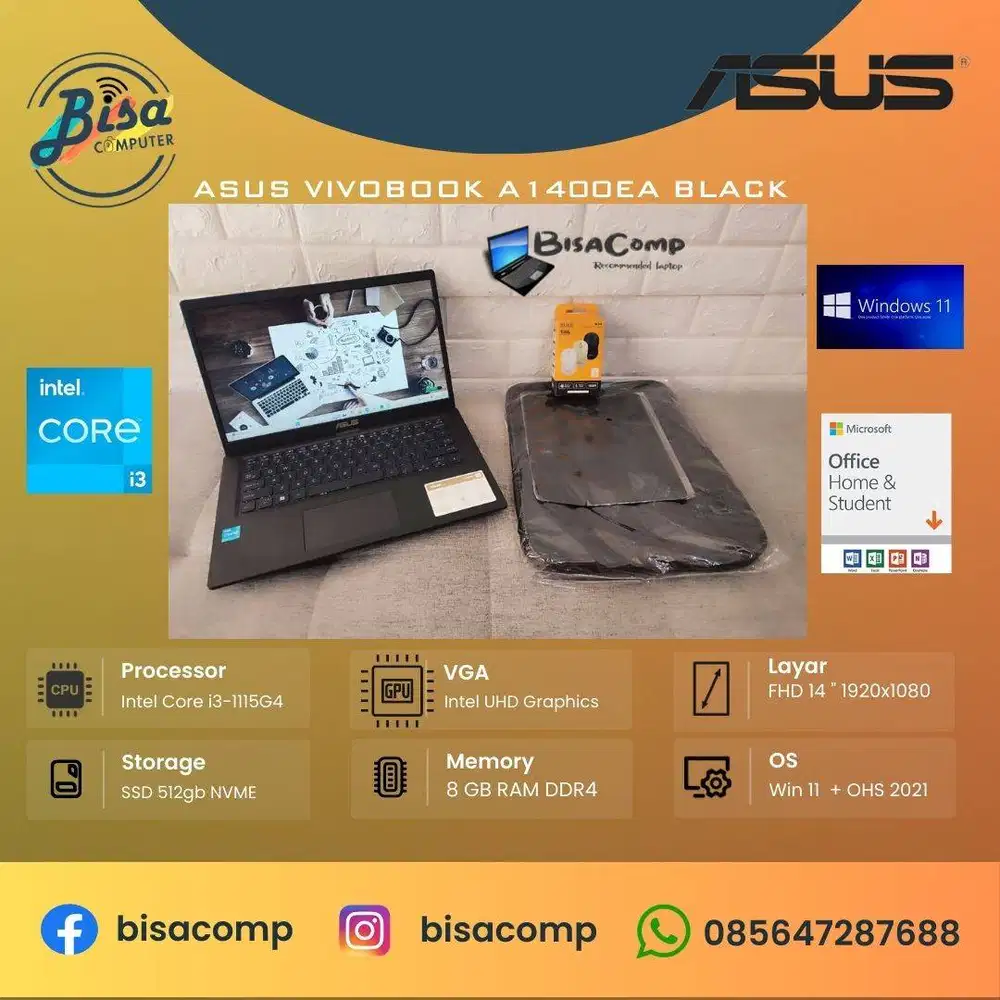 Asus Vivobook A1400EA Black Core i3 11th Gen SSD 512gb Ram 8gb 14inch