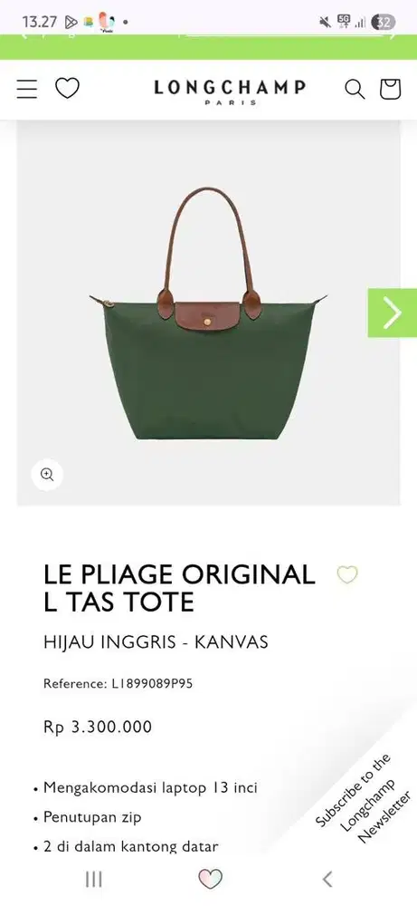 JUAL RUGI NEW - LE PLIAGE ORIGINAL L TAS TOTE HIJAU INGGRIS - KANVAS