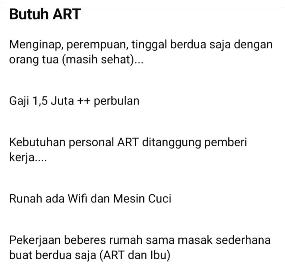 Dibutuhkan ART Menginap