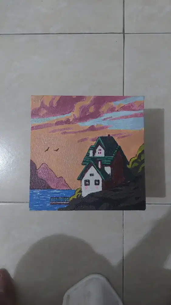 Lukisan tangan rumah ditepi laut cat akrilik 20x20