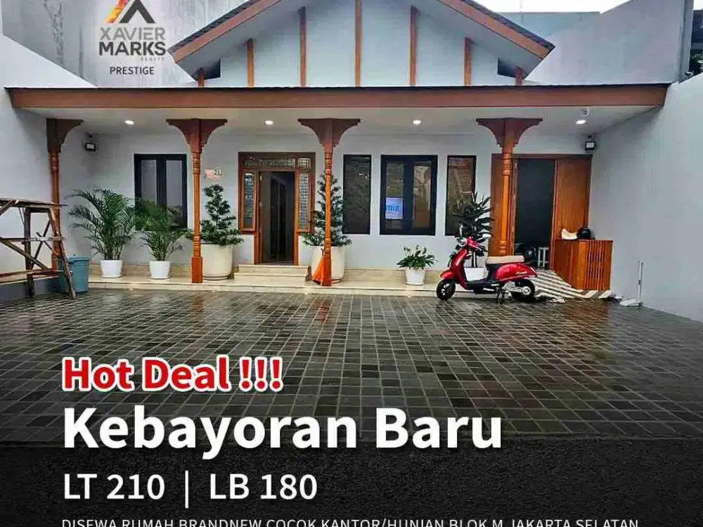 DISEWA RUMAH BRANDNEW COCOK KANTOR/HUNIAN BLOK M KEBAYORAN BARU JAKARTA SELATAN 
SHM 
Luas tanah: 210m
Luas bangunan: 180m
Bangunan: 1,5 lantai
Kamar : 4+1(art)
Kamar mandi: 2
Listrik: 7700watt
Carpot: 3 mobil, 5 motor
Hadap: Utara
Harga sewa: 600juta/thn