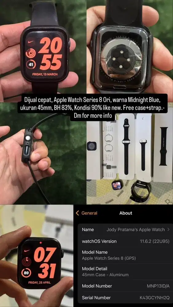 Dijual Cepat! Apple Watch Series 8 Ori, midnight blue 45mm, BH 83%