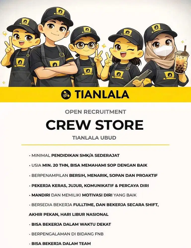 Dibutuhkan crew store tianlala Ubud