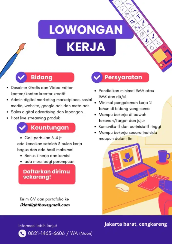 Loker, desain grafis, digital marketing, sales, Host live streaming