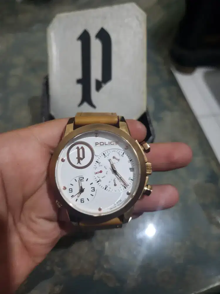 Police PL14188 gold chrono tgl aktif leather original mulus mewah sby