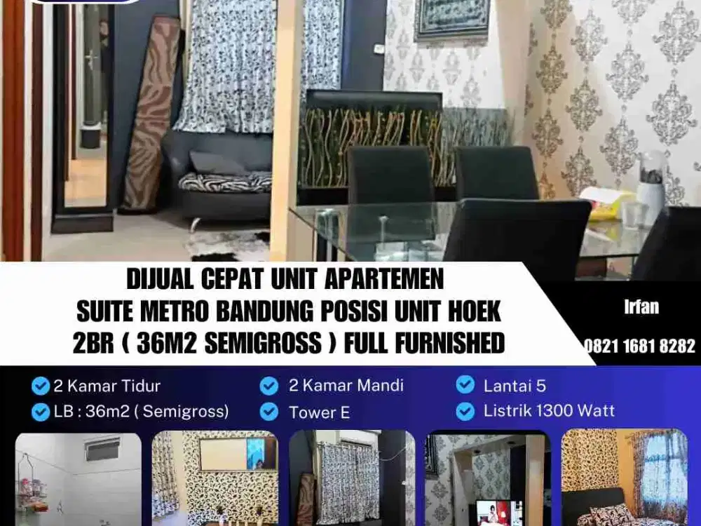 Dijual Cepat Unit Apartemen Suite Metro Bandung Siap Huni,
2 Kamar Tidur, Full Furnished, harga Dibawah Pasaran

Strategis mainroad jl.Soekarno-hatta Bandung