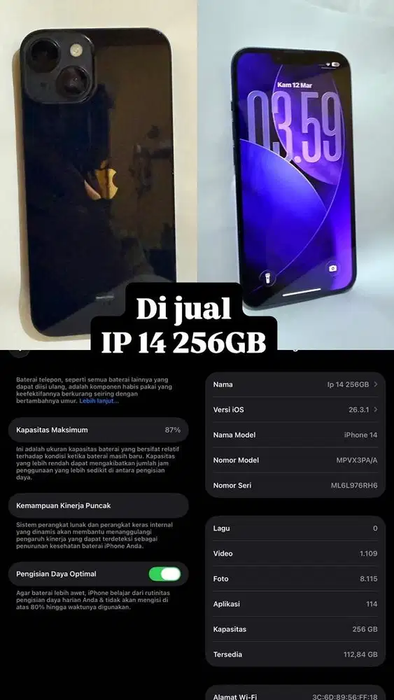 JUAL HP IPHONE 14 256GB NAVY | FREE CHARGER senilai 500rb