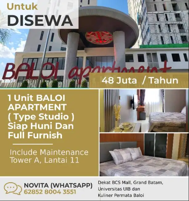 1 Unit BALOI APARTMENT ( Type Studio ) Siap Huni Dan Full Furnish