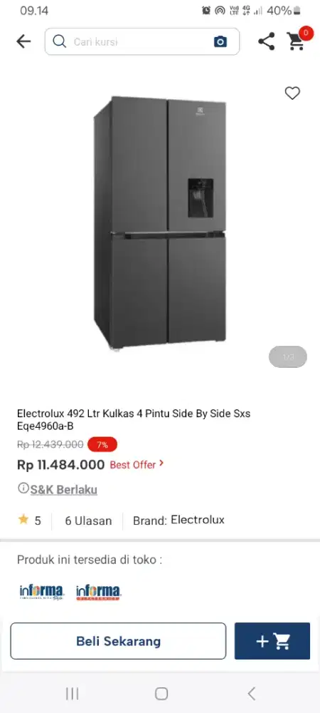 PROMO KREDIT ELECTROLUX 492 LTR KULKAS 4 PINTU SBS