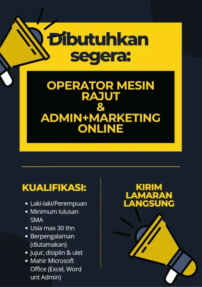 Dibutuhkan Operator Mesin Rajut & Admin+Marketing Online