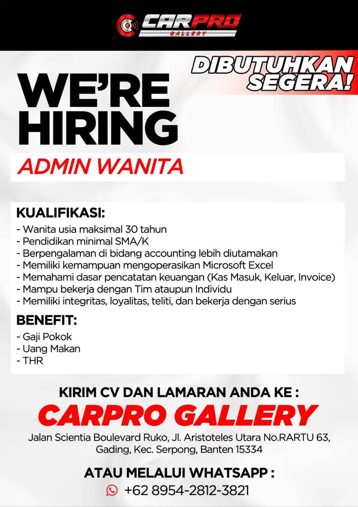 DIBUTUHKAN SEGERA ADMIN WANITA