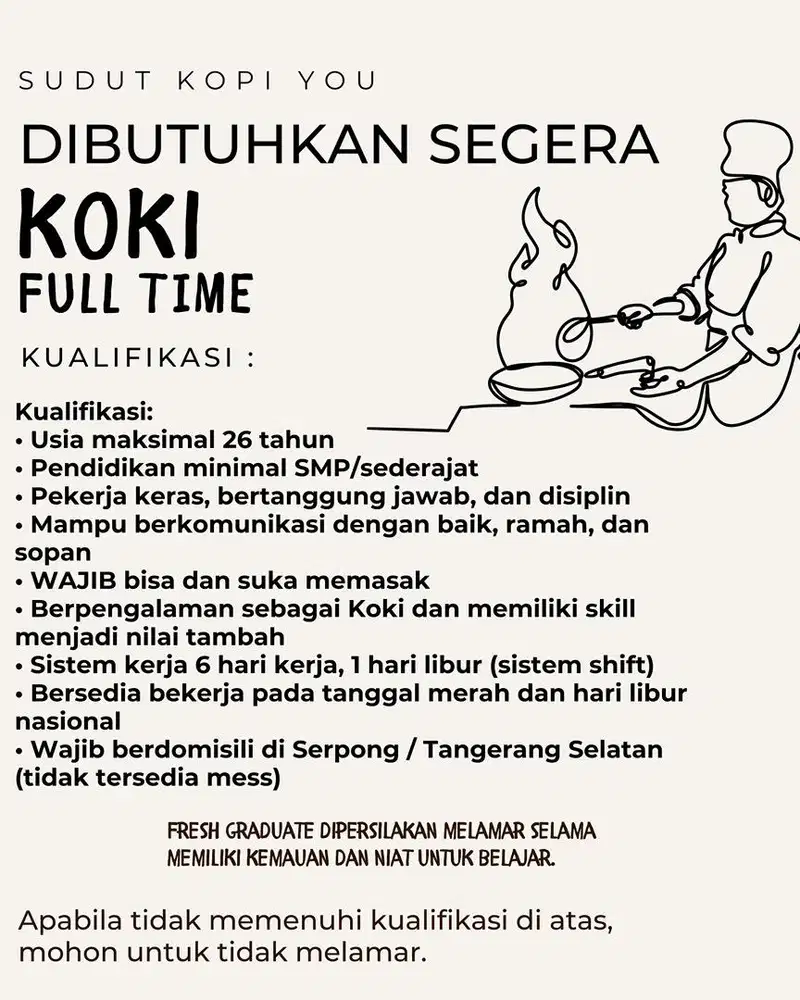 LOWONGAN KERJA KOKI, LOWONGAN KERJA HELPER