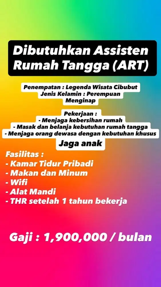 DICARI ASSISTEN RUMAH TANGGA CIBUBUR
