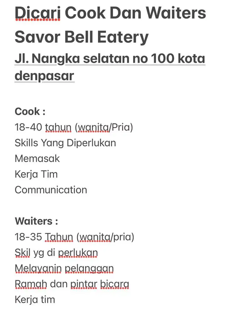 Dibutuhkan segera cook & waiters