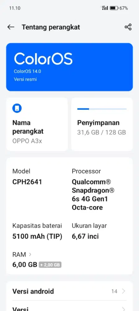 Oppo A3X ram 6+6/128