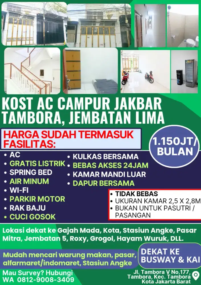 KOST TAMBORA JAKARTA BARAT FASILITAS LENGAKP ALL IN