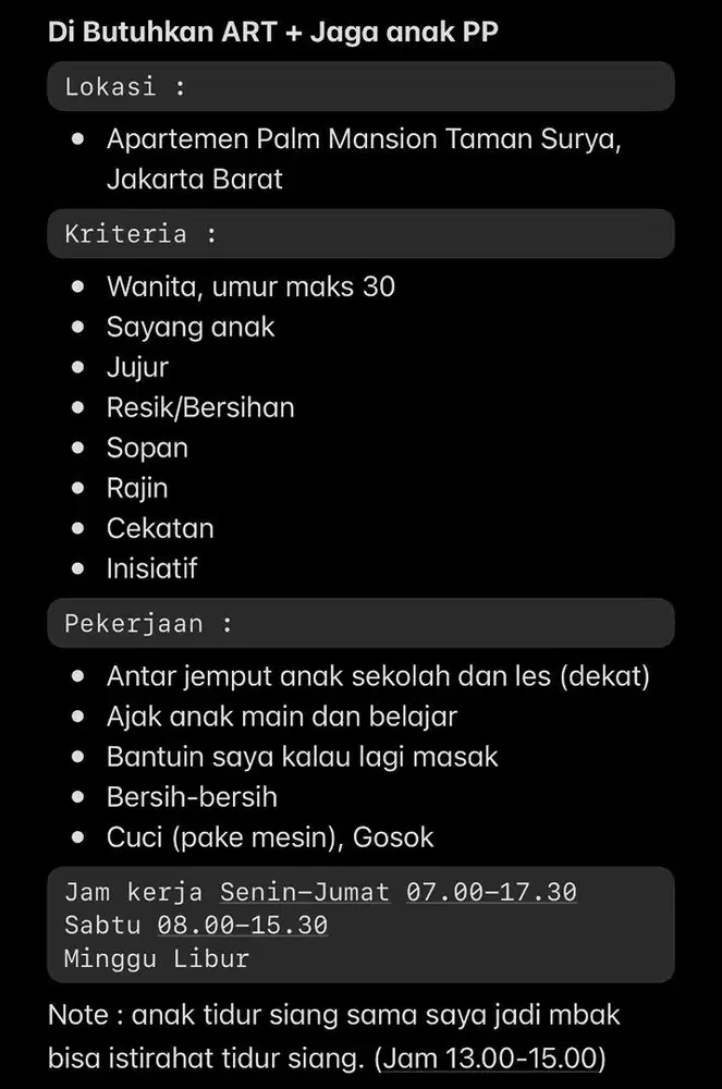 Dibutuhkan ART + Jaga anak PP