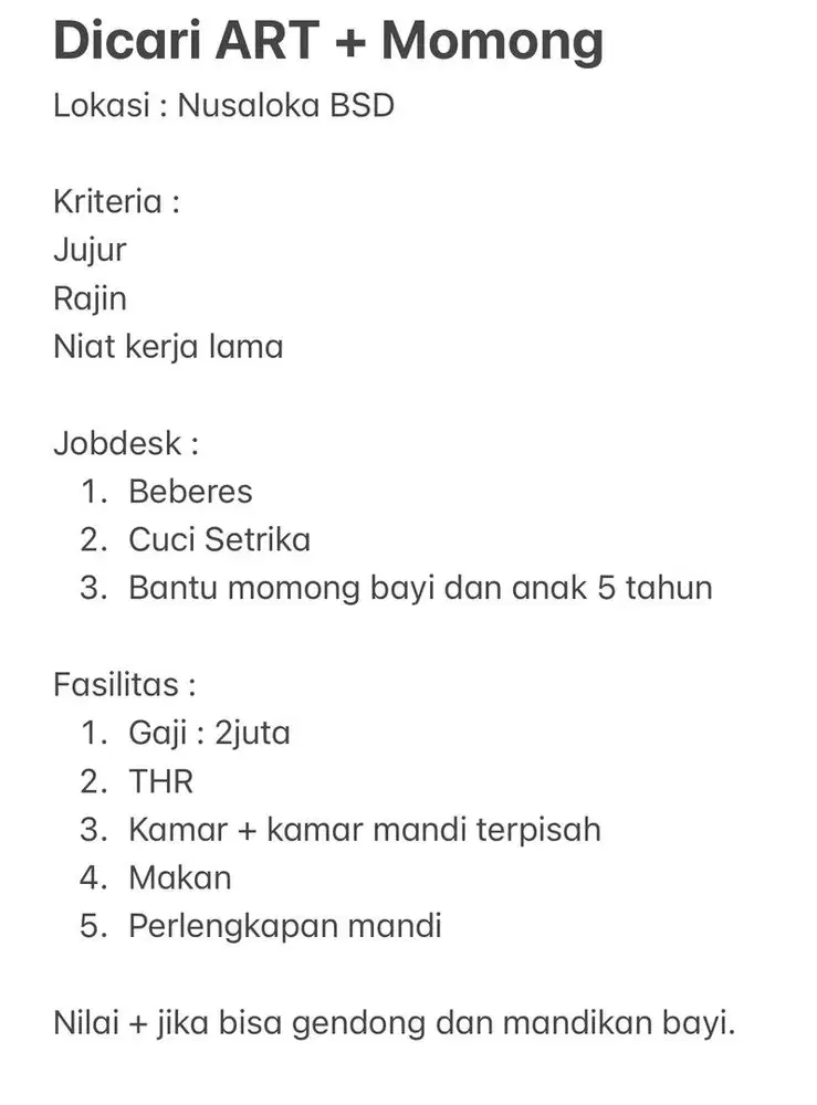 Dicari ART menginap Serpong