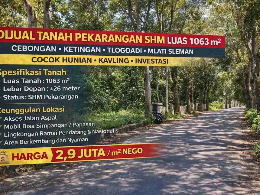 Tanah Pekarangan SHM Luas 1063 m² di Cebongan Ketingan Tlogoadi Mlati Sleman – Cocok Hunian / Kavling / Investasi