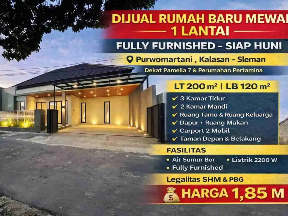 Rumah Baru Mewah 1 Lantai Fully Furnished di Purwomartani Kalasan Sleman – LT 200 m²