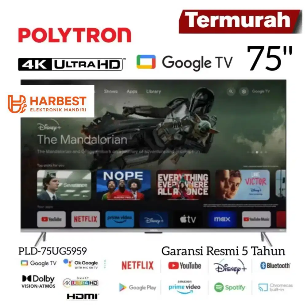 POLYTRON 4K UHD 75 Inch GOOGLE TV PLD-75UG5959 Dolby Atmos MEMC HDR+