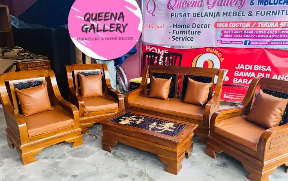 Kursi tamu kayu jati Jepara + dudukan busa dan bantal & meja tipe 3111