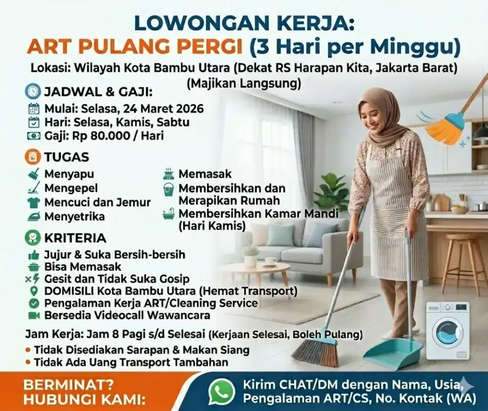 LOWONGAN ART PULANG PERGI (3 Hari per Minggu) Gaji 80rb per Hari