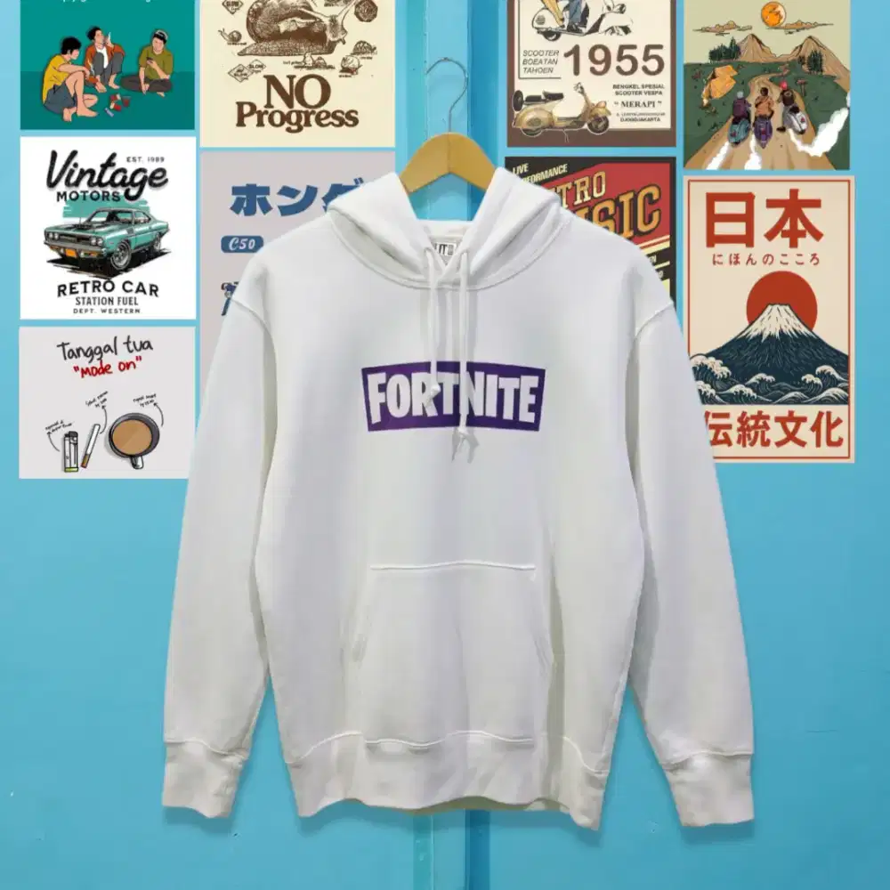 HOODIE / SWEATER UNISEX UNIQL0 F0RTNITE Putih Sablon Velvet