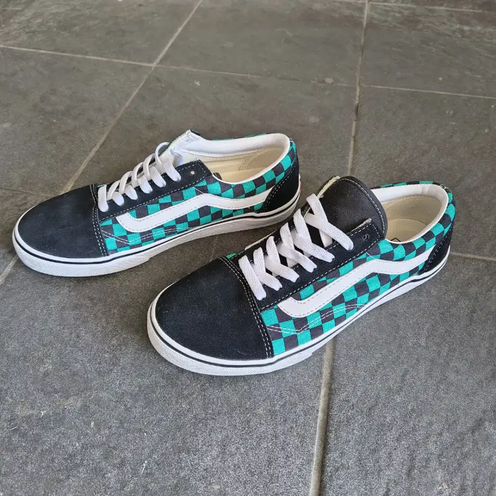 Vans Old Skool Checkerboard Black Blue – Size 25.5 (Like New)