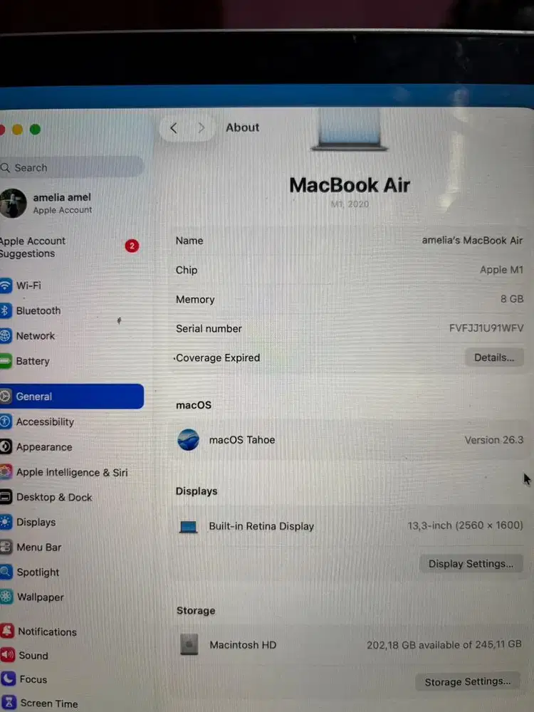 Macbook air M1 2020-8GB Ram /256 SSD