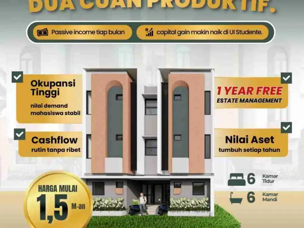 Dijual Kost Premium di UI Full Furnished, 2 Menit ke Gerbang UI, 3 Lt 6 Kamar, Occupancy Tinggi, Aman Nyaman