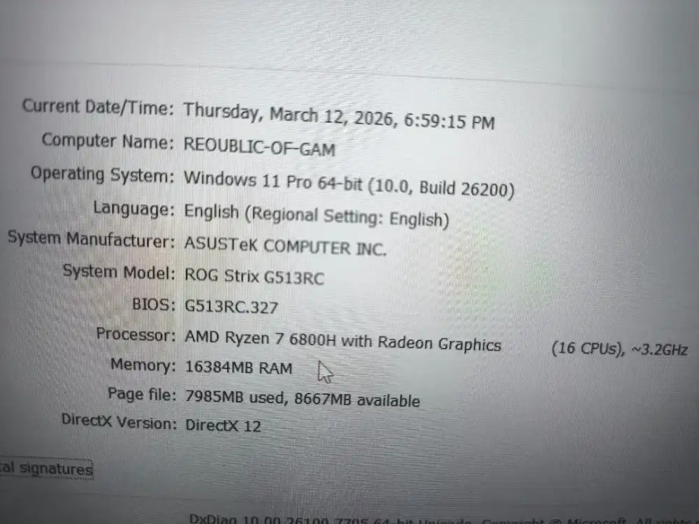Laptop Asus rog Strix G513rc  ryzen 7 rtx 3050 rgb