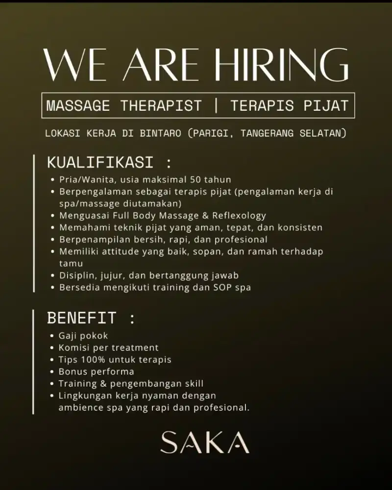 Lowongan Terapis Spa dan Massage Tradisional