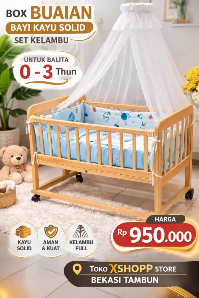Box buaian bayi kayu solid set kelambu untuk balita 0-3 Thun