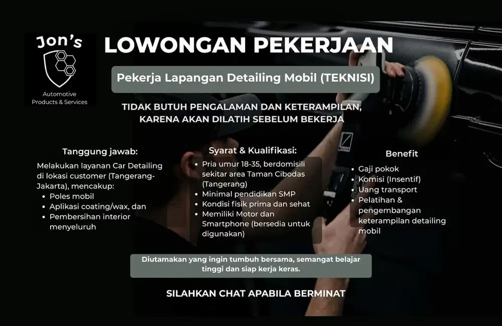 Lowongan Kerja: Teknisi Detailing Mobil (Tidak Perlu Pengalaman)