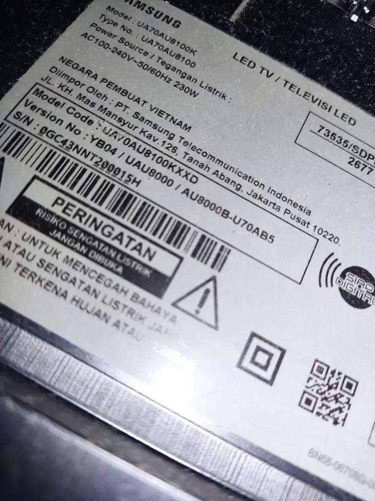 TV LED 70” Samsung Rusak Gambar mati suara ada