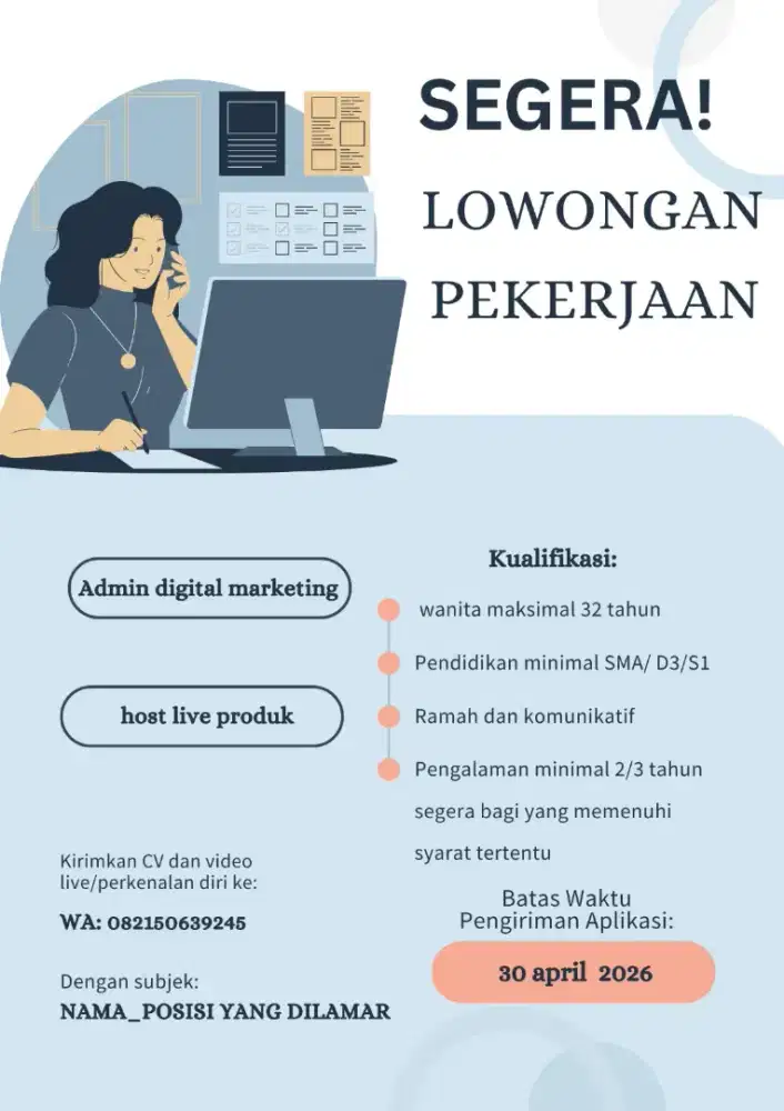 Loker Admin digital marketing dan host live produk berpengalaman