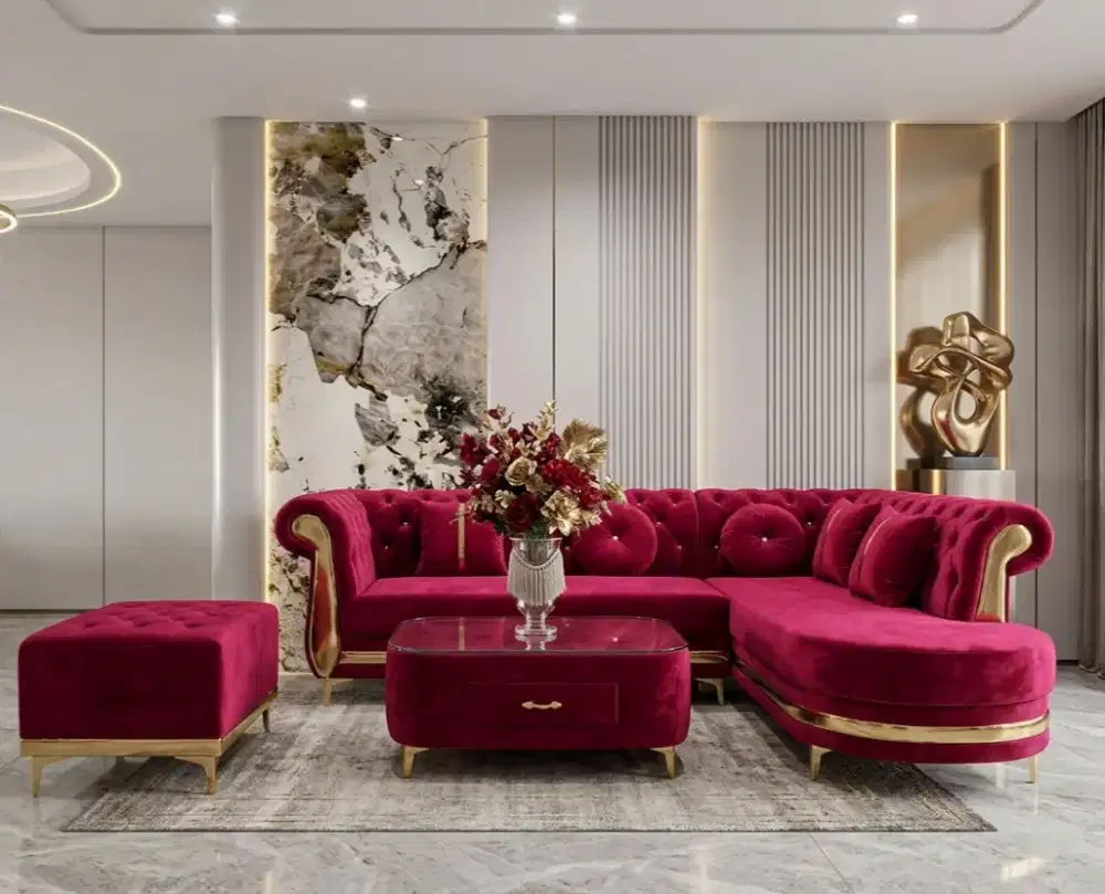 Ready Sofa L bludre premium uk 2,3 x 2 mtr + meja + kaca + puk