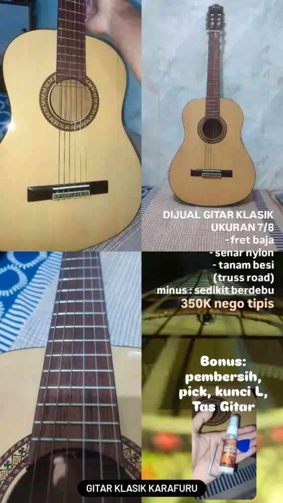 GITAR KLASIK UKURAN 7/8 MERK KARAFURU + BONUS BANYAK