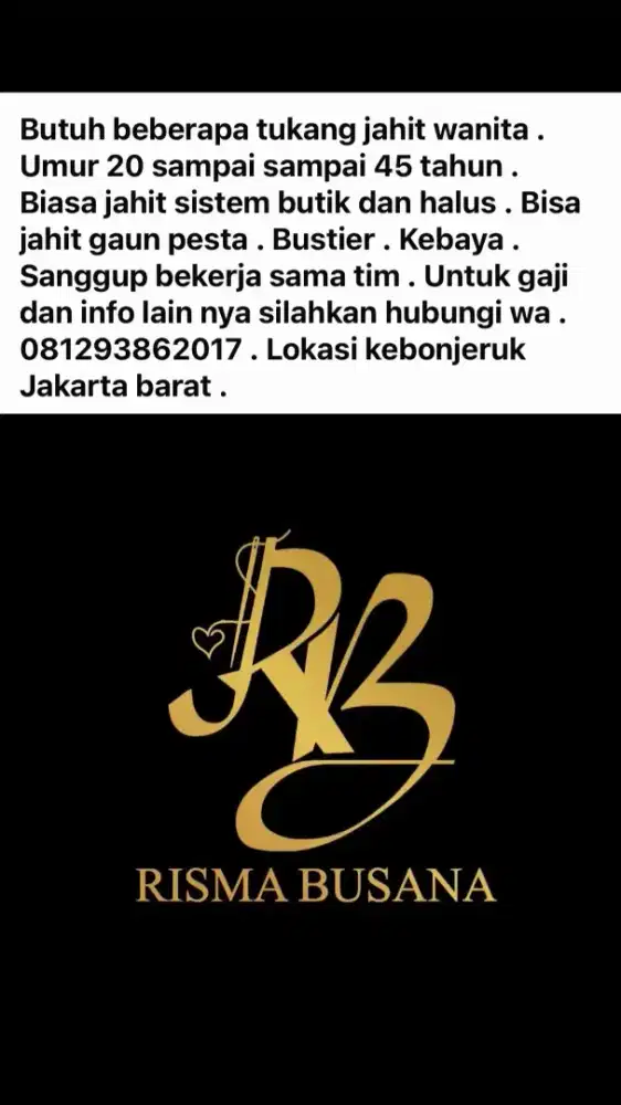 Di cari tukang jahit wanita untuk butik