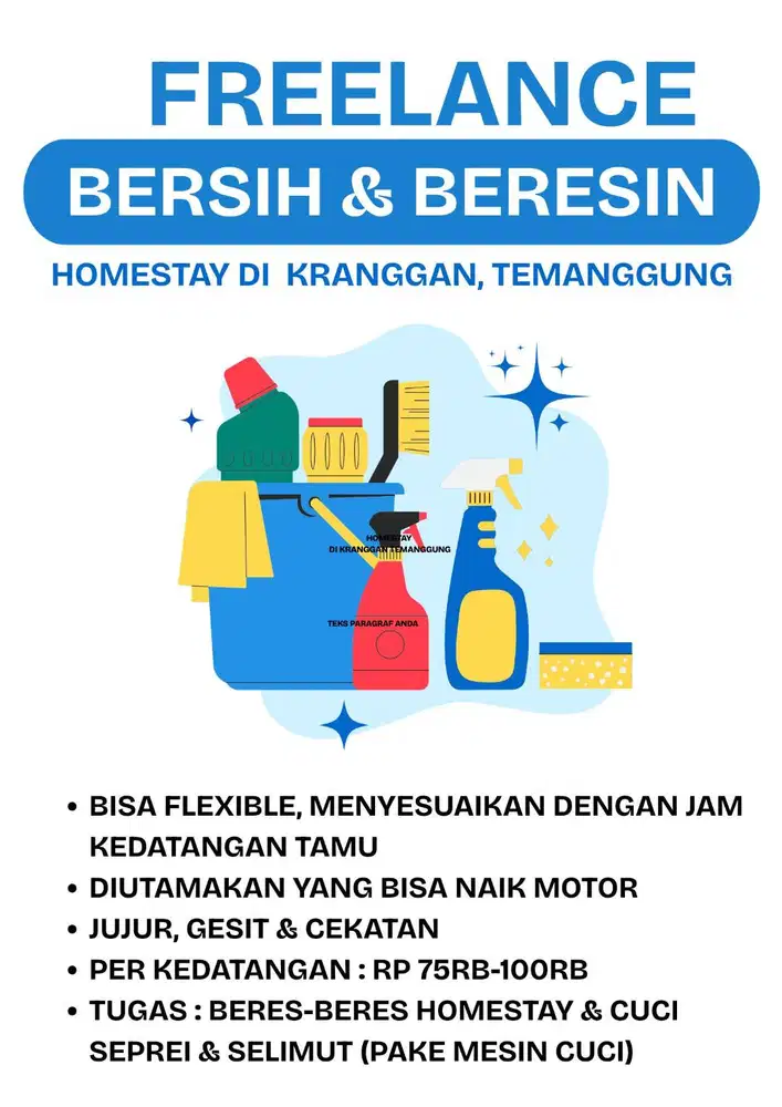 Dicari Freelance Bersih-Bersih & Beresein Homestay di Temanggung
